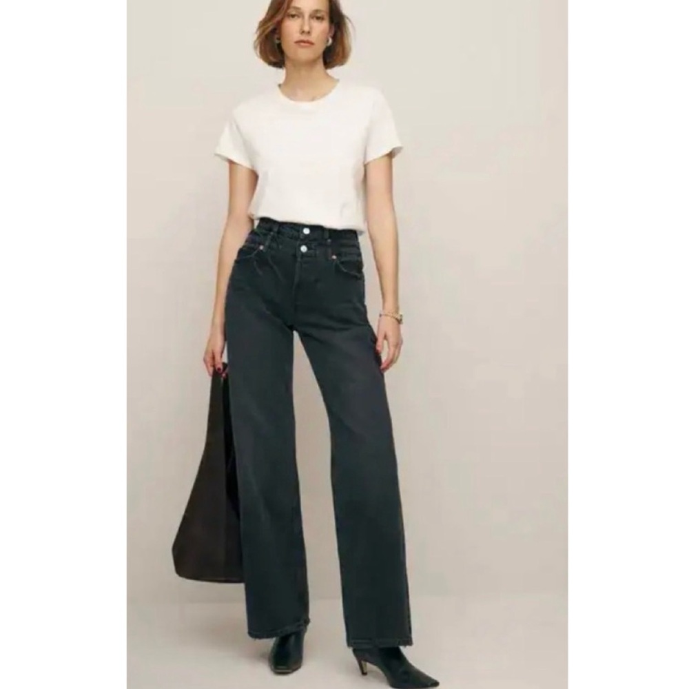 Reformation Cary Double Waistband High Rise Slouchy Wide Leg Jeans Black 24